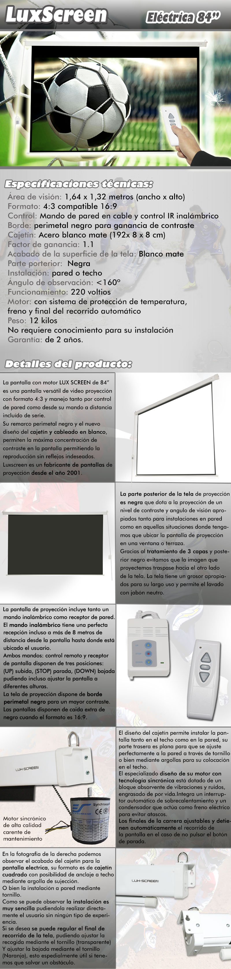 pantalla electrica de 84 pulgadas 1,64 x 1,32 metros, excelente pantalla de proyección manual para proyector con la máxima calidad de imagen, dispone de parte trasera negra, borde perimetal negro para una mayor concentracion de contraste, ganancia de brillo 1:1