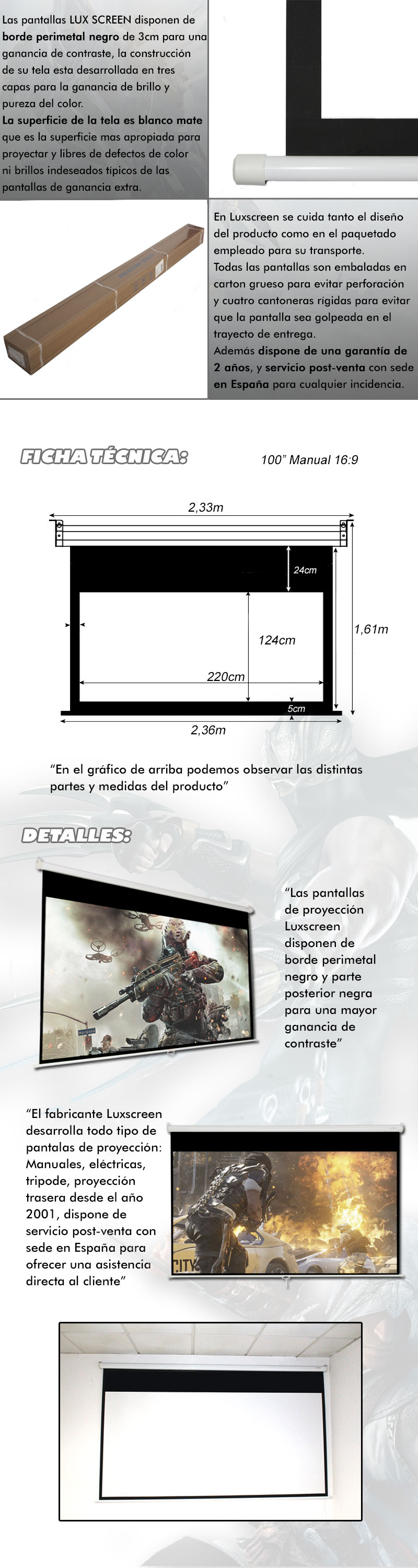 Pantalla manual para proyector de 100 16:9 ( 2,20 x 1,24 m)