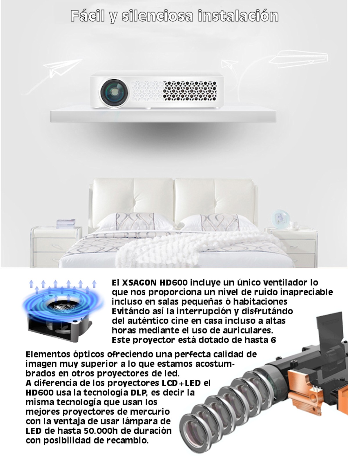 el xsagon hd600 incluye un unico ventilador lo que nos proporciona un nivel de ruido inapreciable incluyo en salas pequeñas y habitaciones. Evitando asi la interrupcion y disfrutando del autentico cine en casa incluso a altas horas mediante el uso de auriculares.