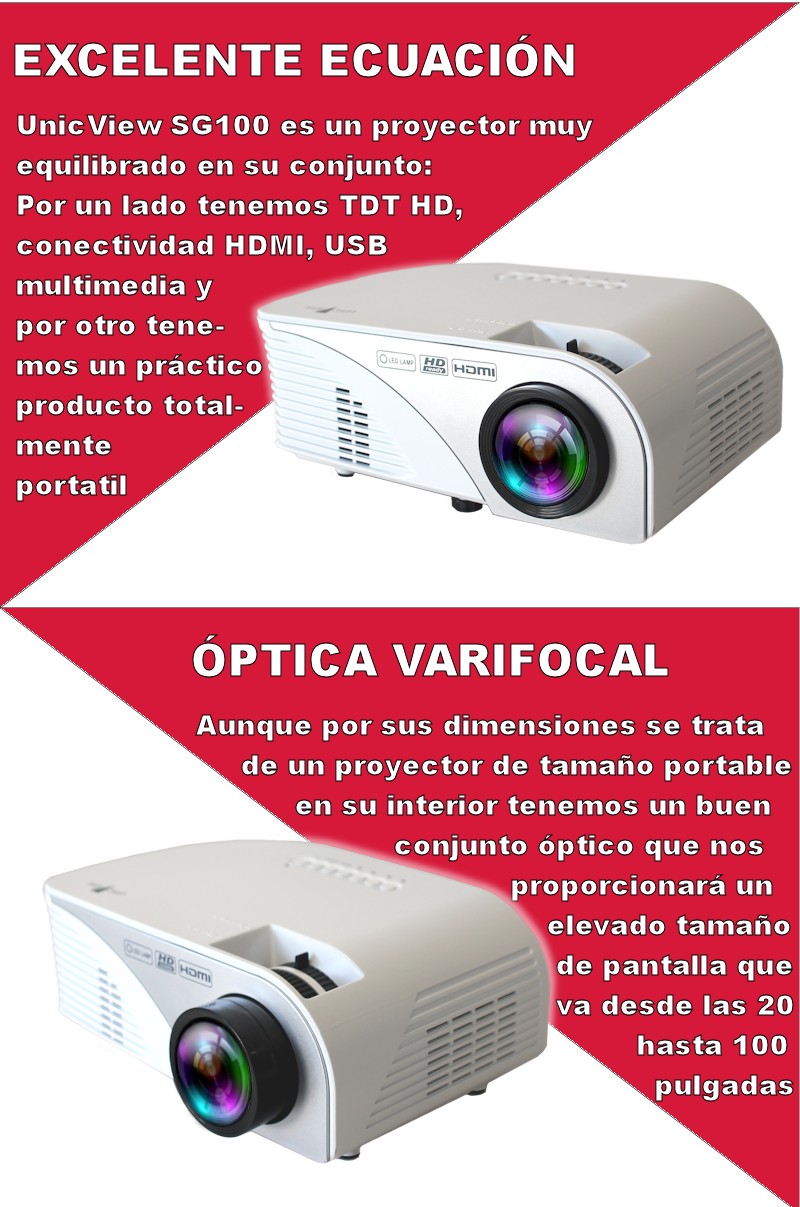 el unicview sg100 es un proyector portatil para diversos uso: proyector para ps4, proyector para xbox one, proyector para pc