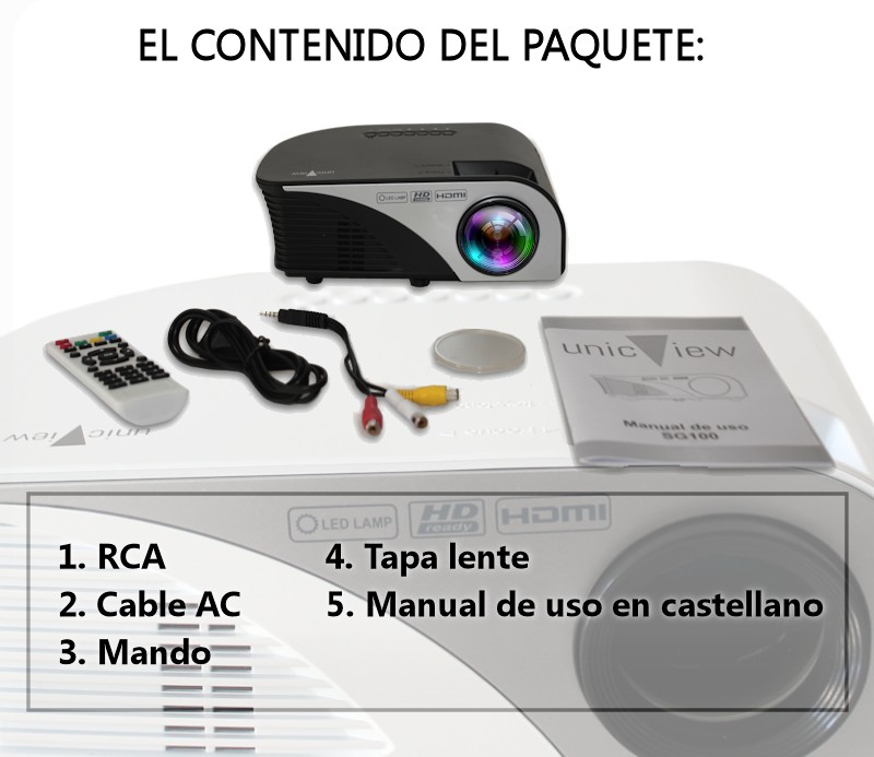 el paquete incluye: proyector unicview sg100, cableado de video, cableado de corriente, mando a distancia, protector de la lente y manual de usuario en castellano