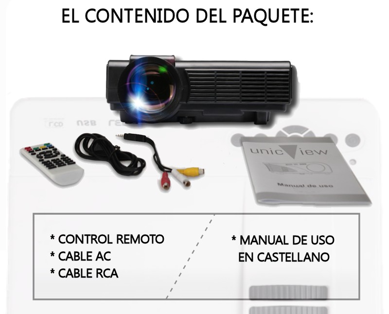 el paquete incluye: proyector unicview sg150, cableado de video, cableado de corriente, mando a distancia y manual de usuario en castellano